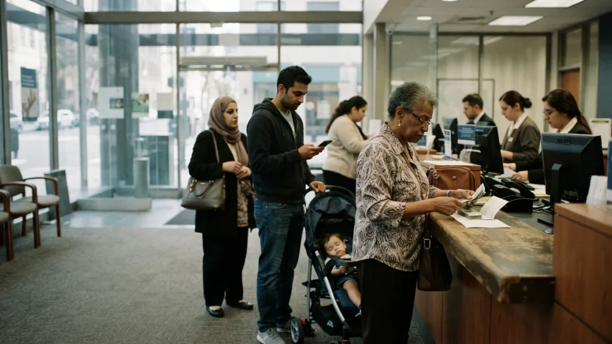 Customers queueing at a bank branch teller counter