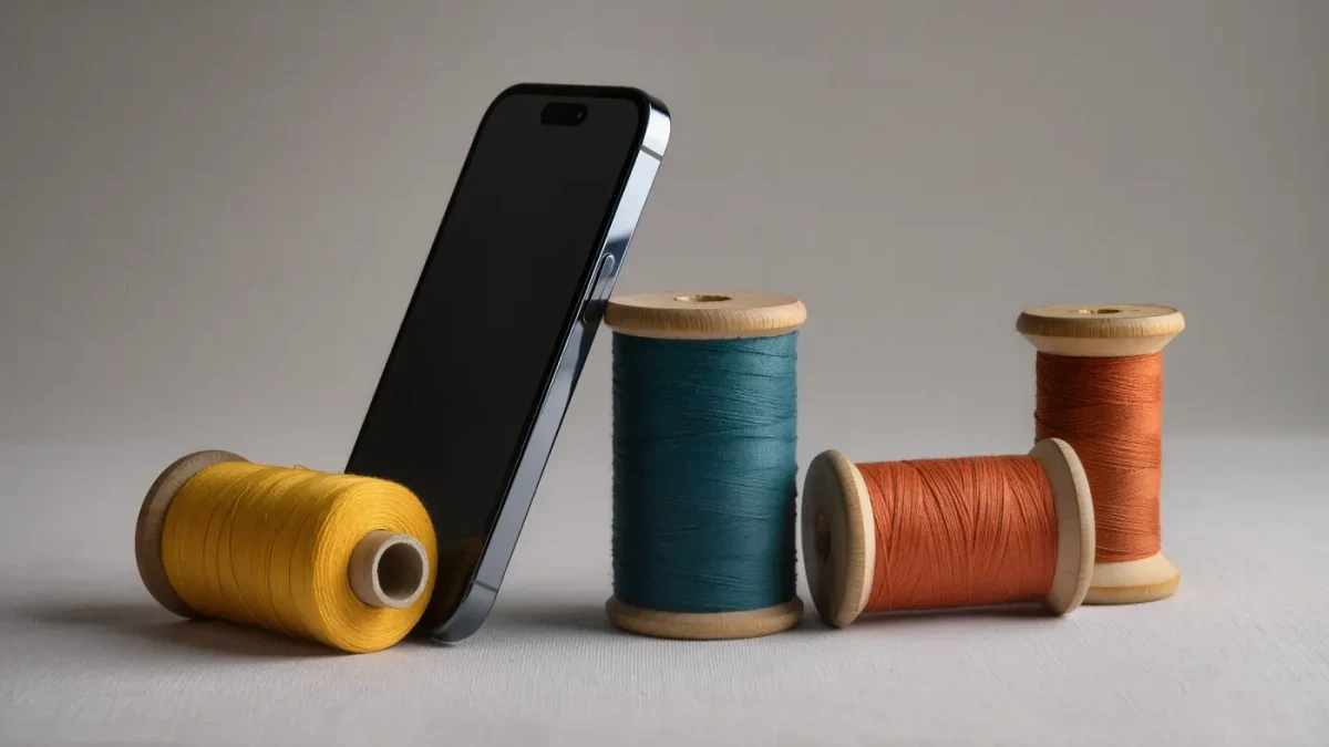 Studio close-up of a smartphone beside spools of colored thread