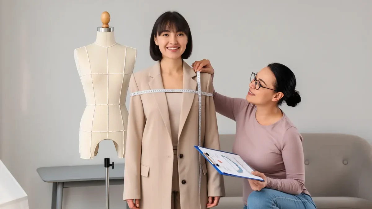 Fit technician measuring a blazer's chest on a live fitting model in a studio