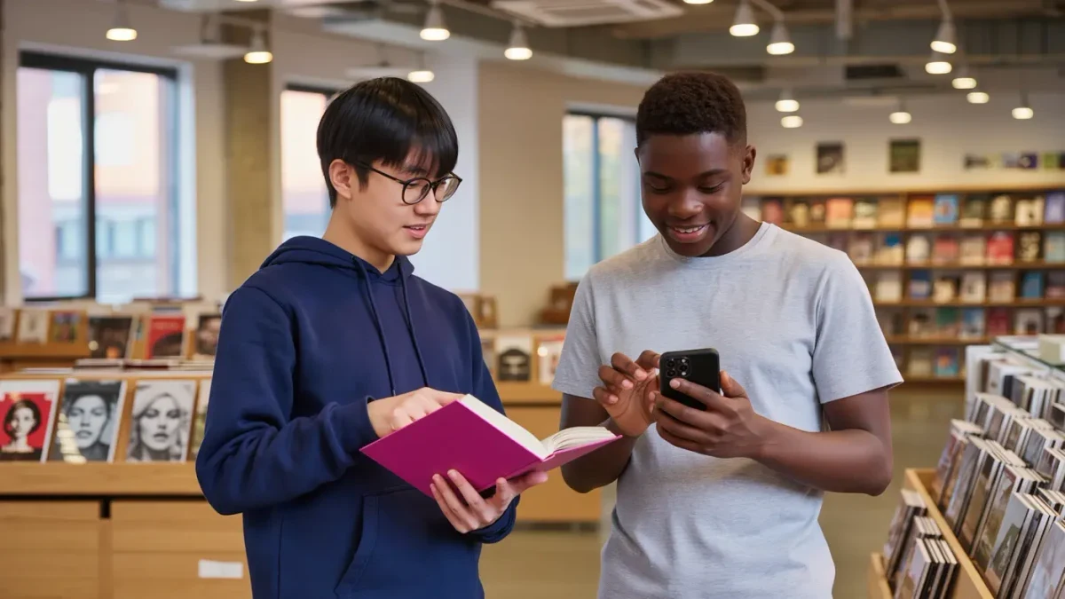 Teen readers comparing colorful print volumes at a bookstore table