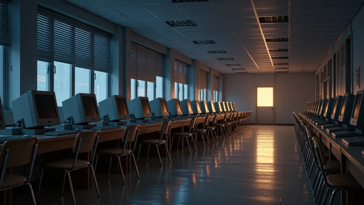 Empty school computer lab with one glowing monitor at dusk