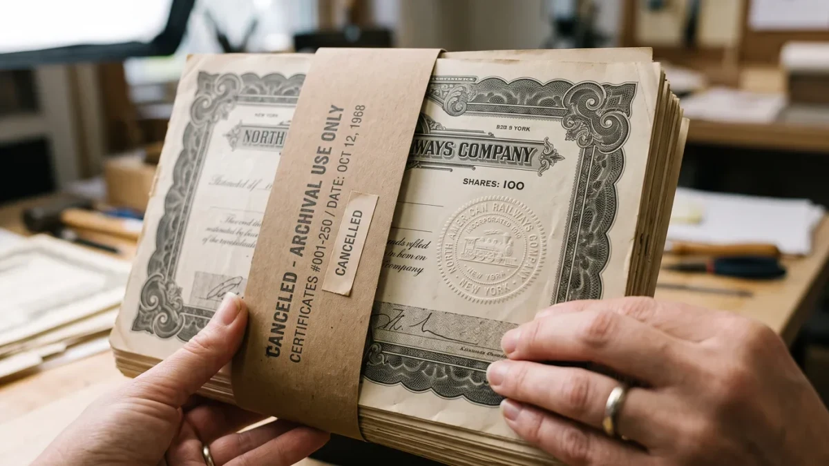 Close-up of stock certificate stack being bound for retirement