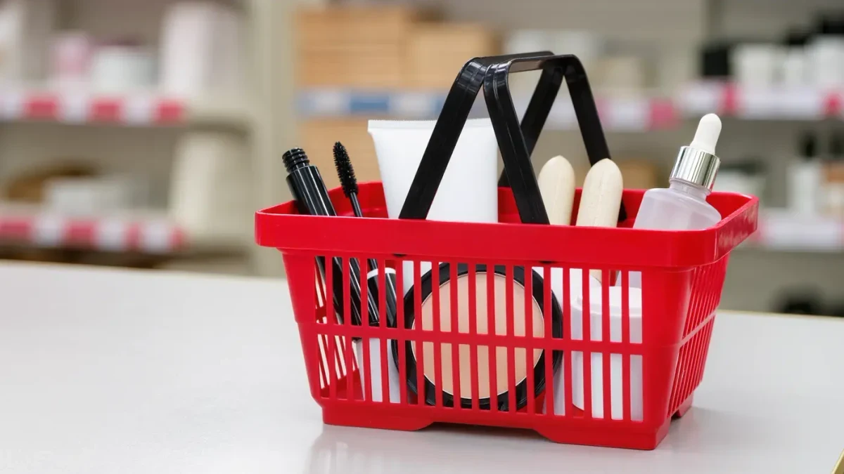 Shopping basket filled with unbranded makeup products at a bright checkout counter