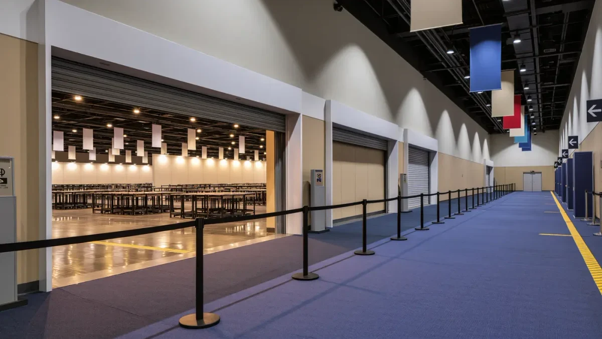 Empty convention-center hallway between conference sessions