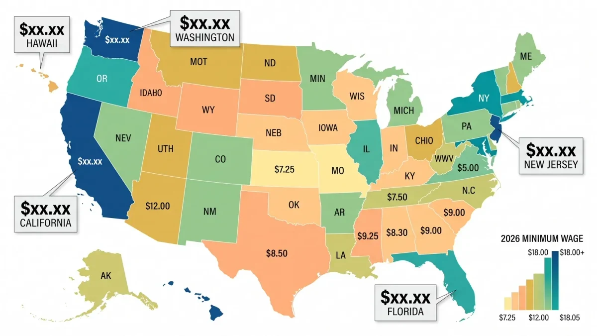 Map chart of 2026 state minimum wage increases
