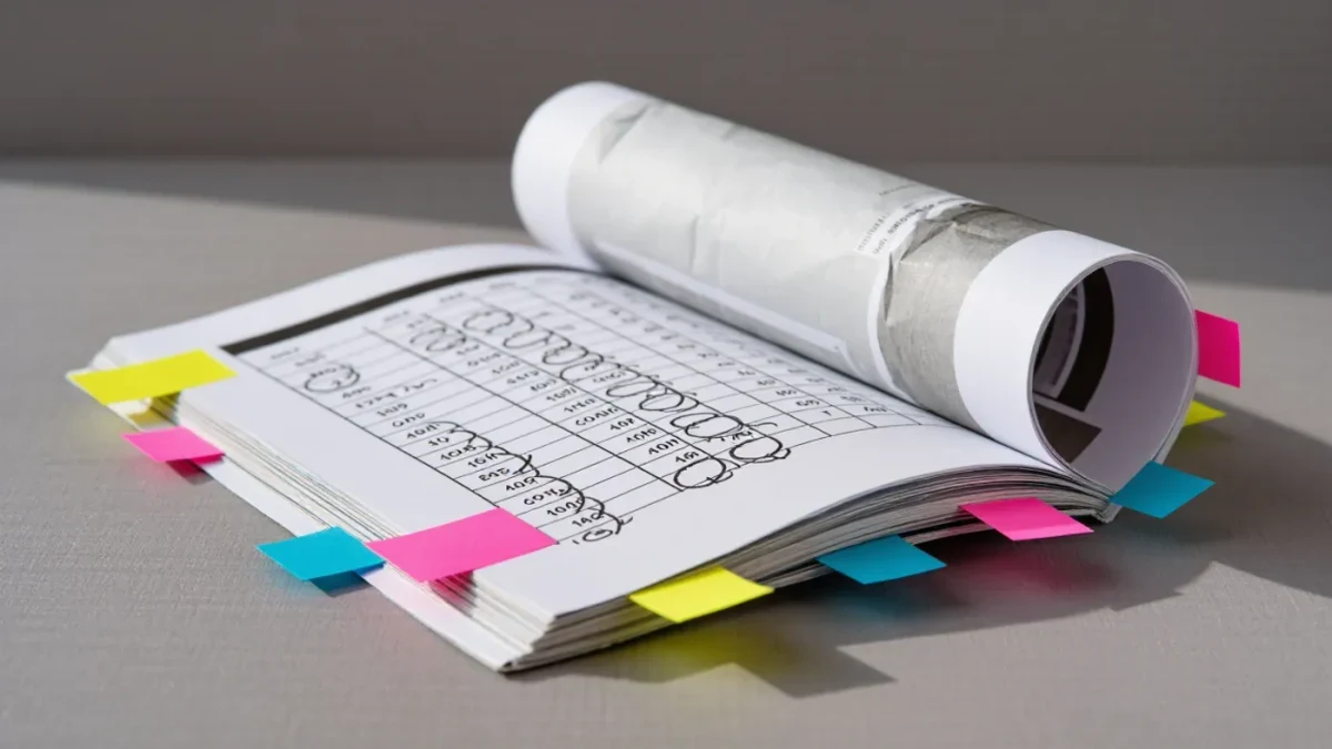 A heavily annotated printed study with bright sticky tabs marking figures