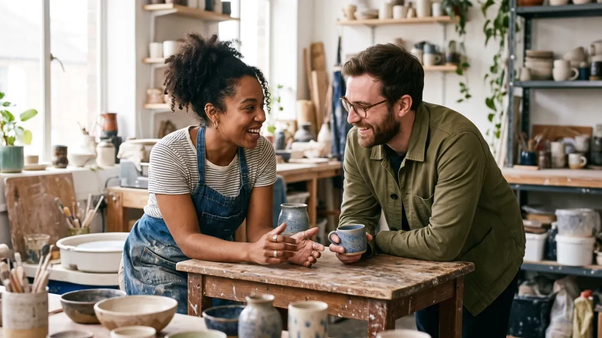Founder speaking with an early customer at a small workshop table