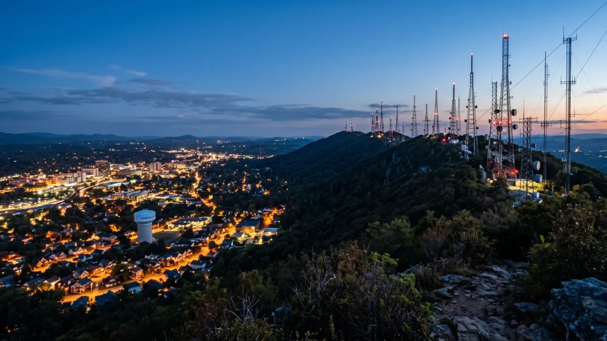 Broadcast transmission towers rising above a city skyline at dusk