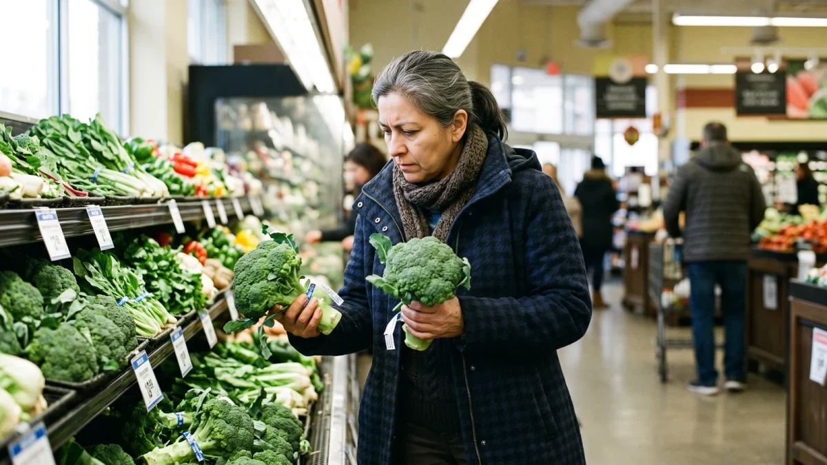 Shopper comparing broccoli bunches in a bright grocery produce aisle