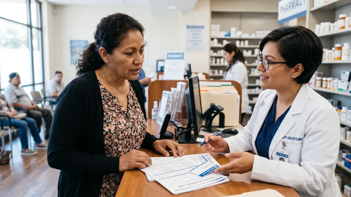 Pharmacist and older patient at clinic counter discussing renewal paperwork
