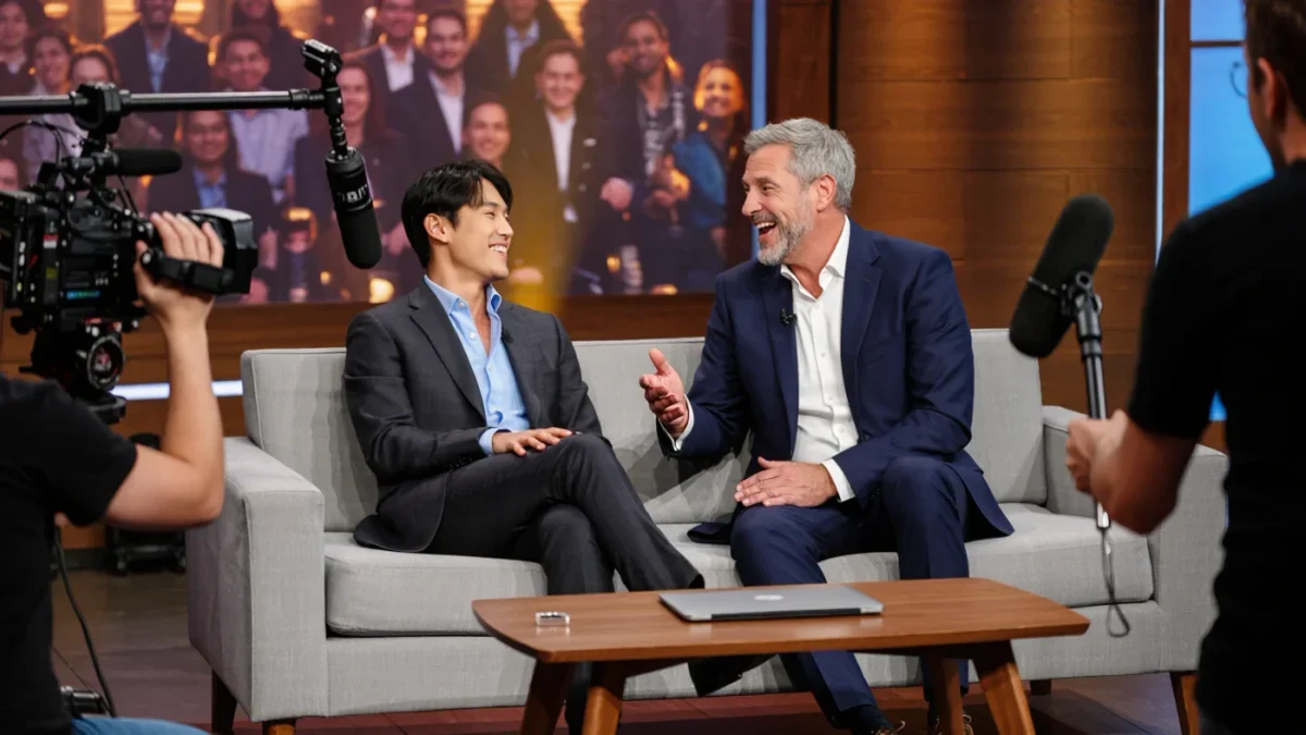 Actor and host mid-conversation under bright studio lights