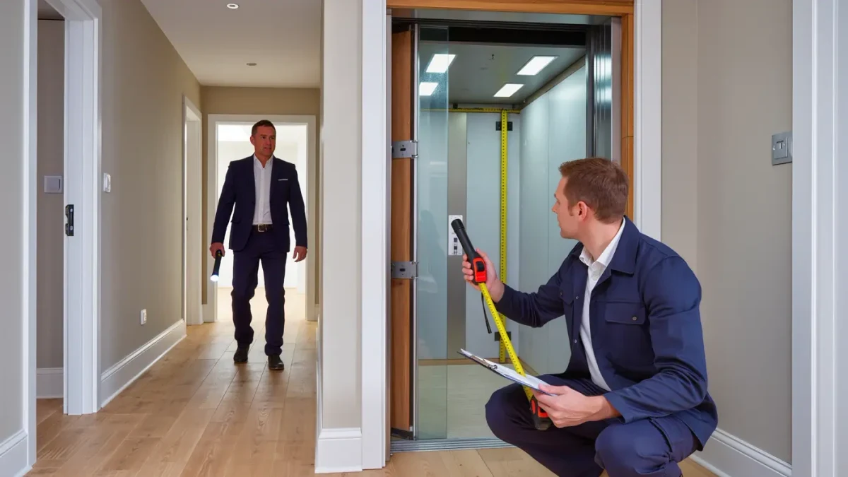 Inspector examining a residential elevator shaft opening