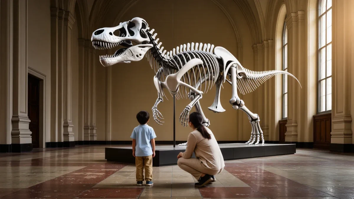 Parent crouching beside a small child viewing a dinosaur skeleton in a museum hall