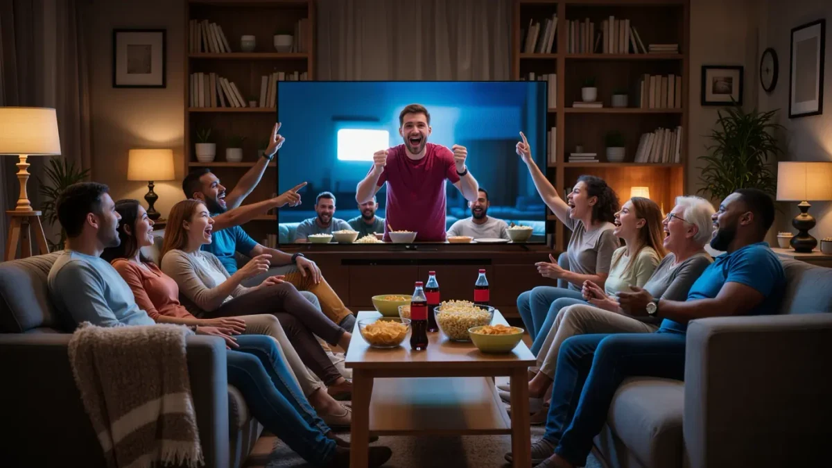 Friends in a living room cheering at a match streaming on the TV