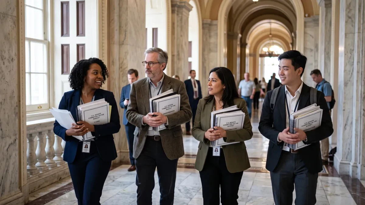 Senate staff reviewing budget documents in a Capitol corridor
