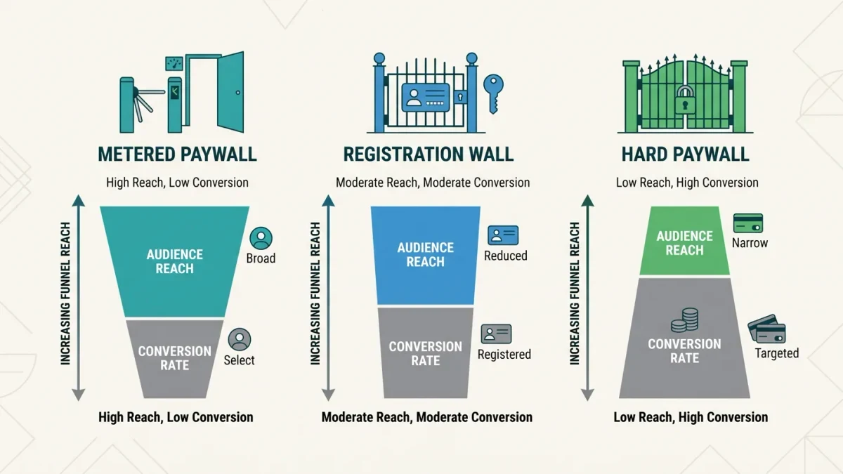 Infographic comparing paywall models by conversion and reach