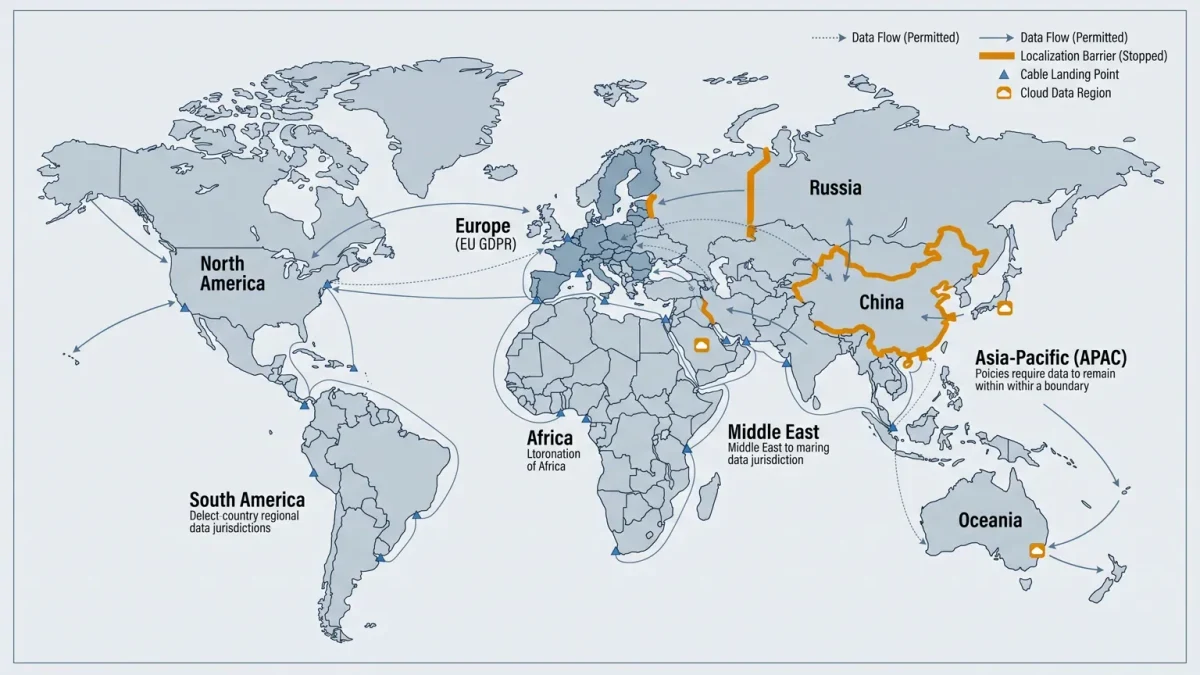 World map of data-flow regimes with regional boundaries and chokepoints