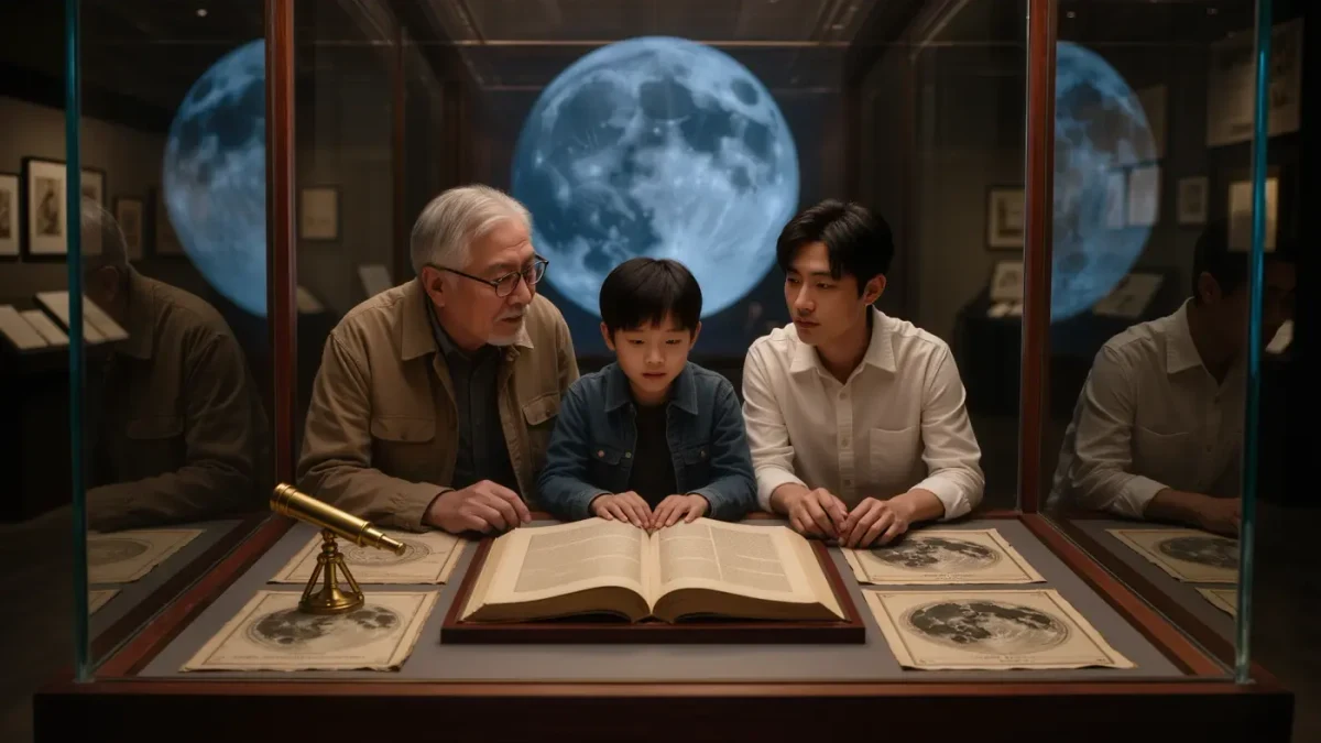 Visitors viewing moon-themed manuscripts in a gallery