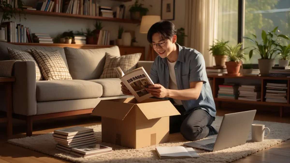 Self-published author unpacking a box of new author copies at home