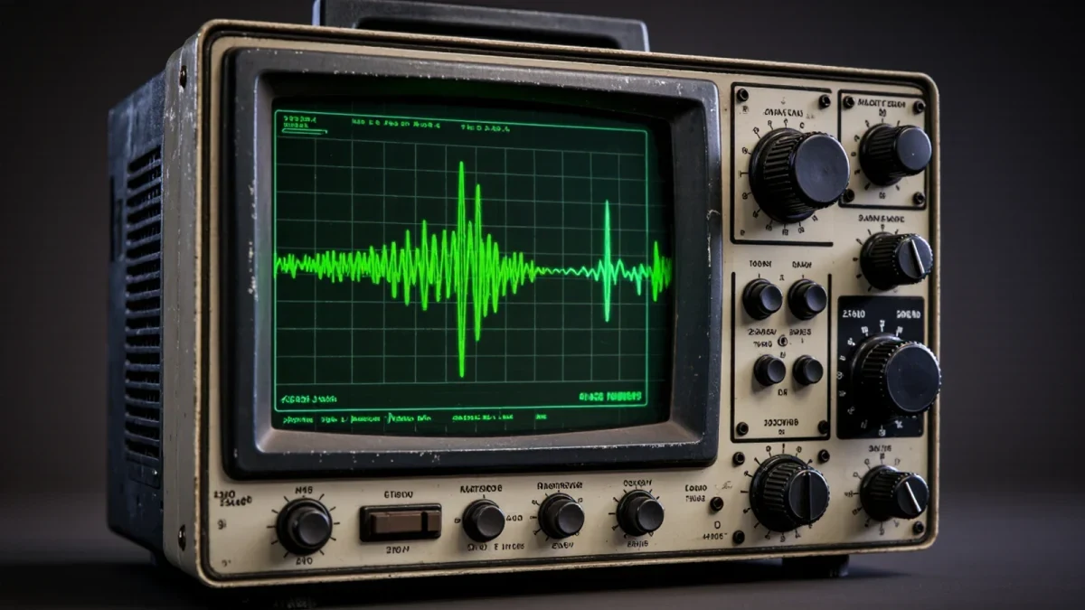Close-up of two-channel oscilloscope trace shifting pattern