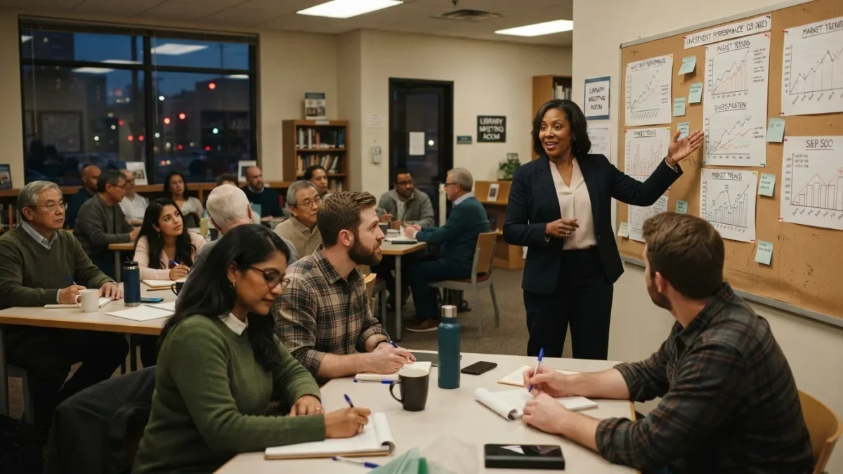 Adults of different ages studying fund fact sheets at a library workshop