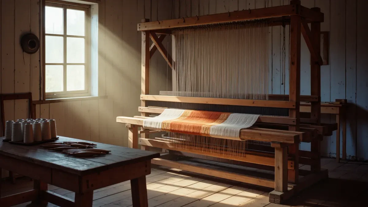Sunlit weaving studio with a wooden floor loom and undyed cotton threads