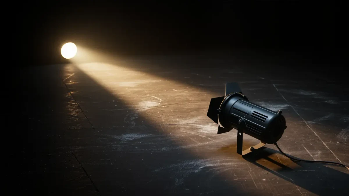 Single spotlight beam cutting across a dark empty stage floor