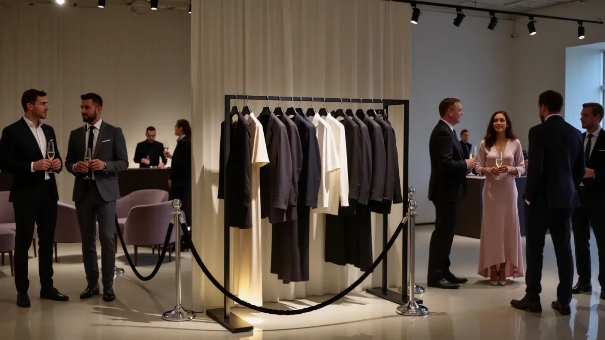 Guests with drinks in a minimal boutique at an evening launch