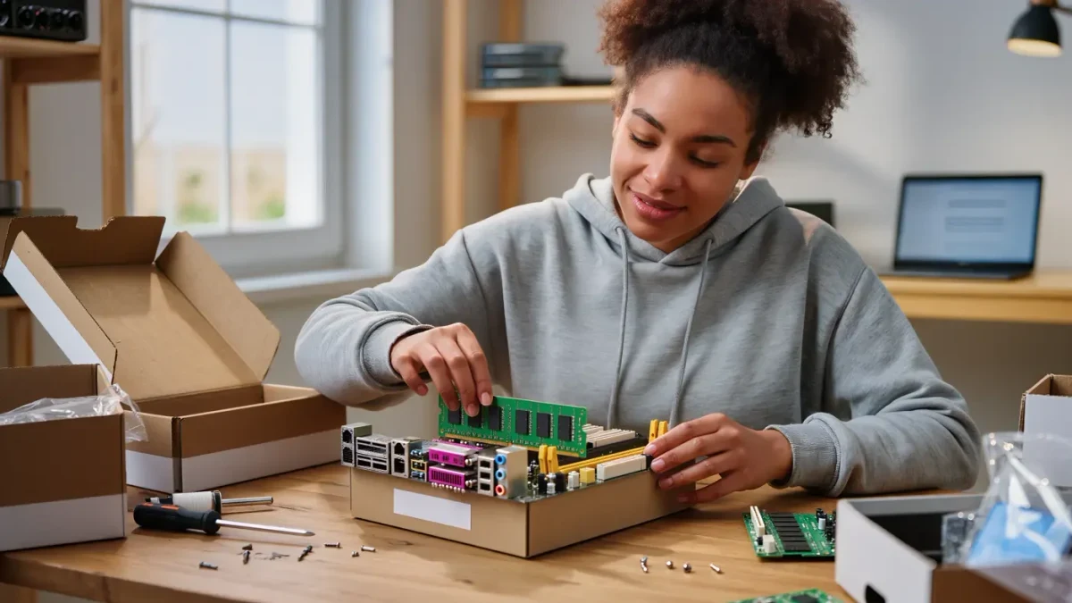Young builder installing RAM into an open motherboard on a worktable
