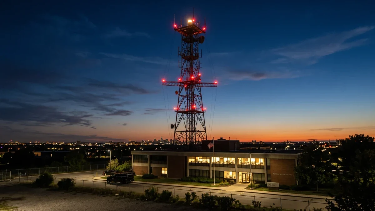Broadcast tower above regulatory office building at dusk