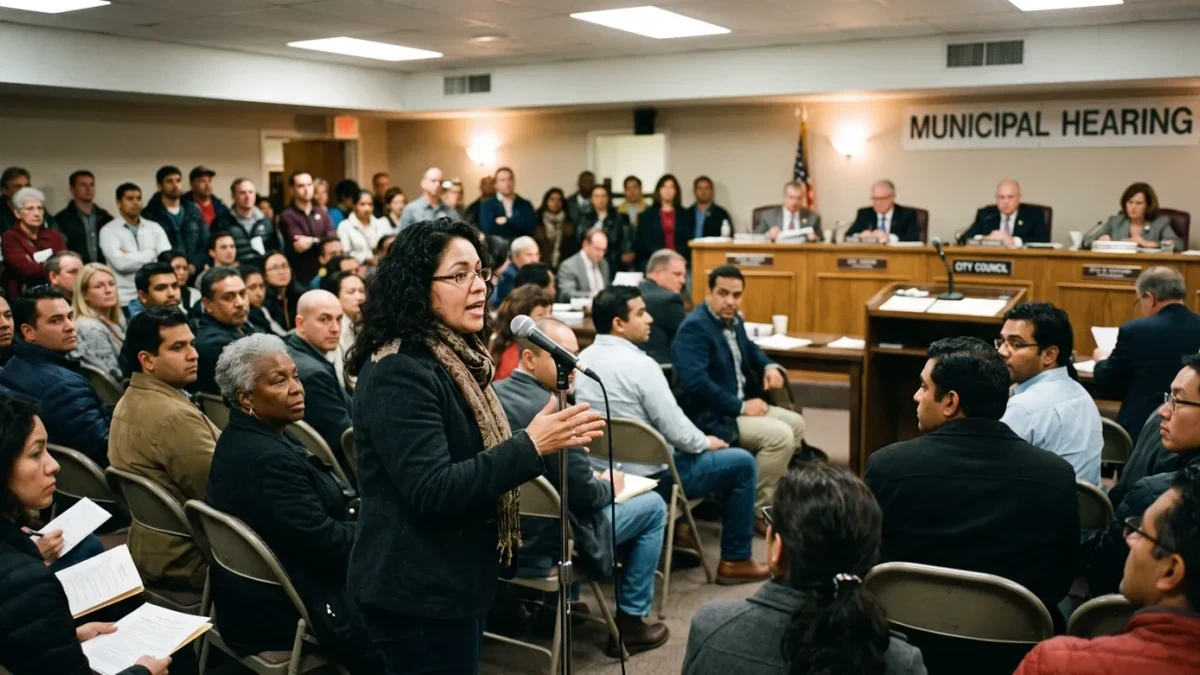 Residents speaking at a packed city-hall hearing microphone