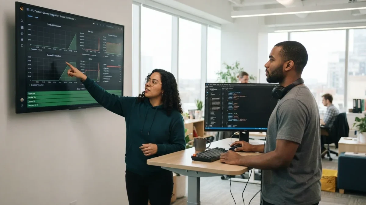 Developers testing payment integration on dual monitors in office