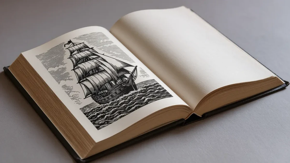Open volume showing a black-and-white wood engraving of a sailing ship