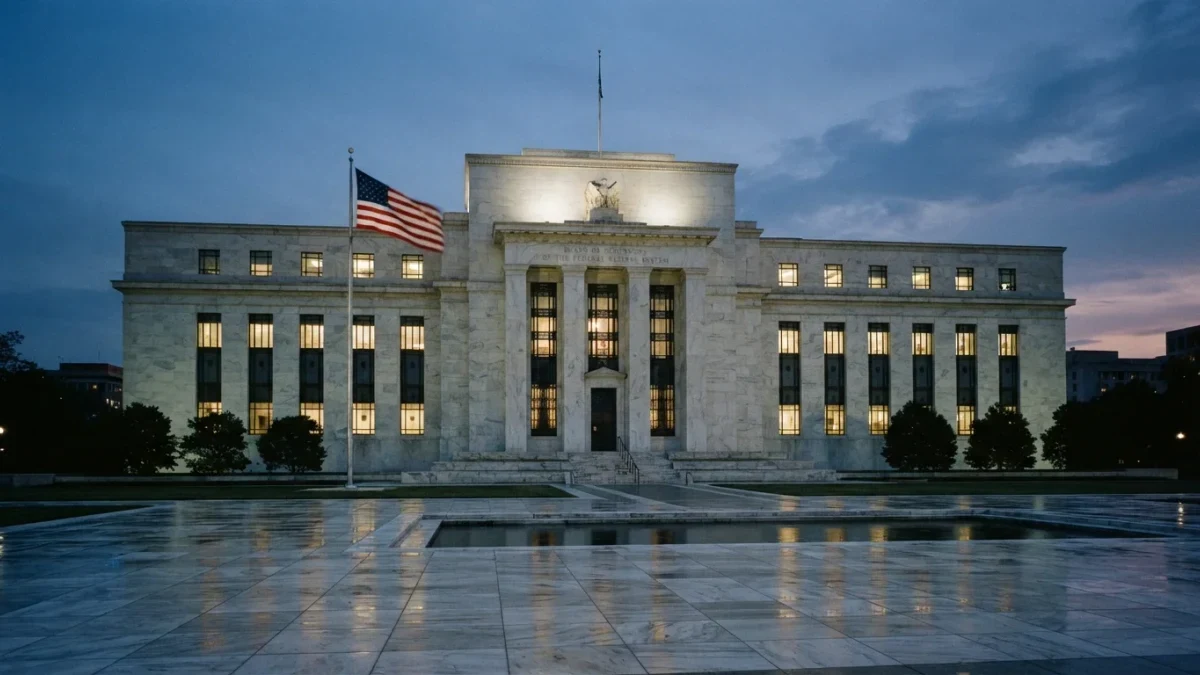 Federal Reserve building facade in Washington at dusk, plaza empty