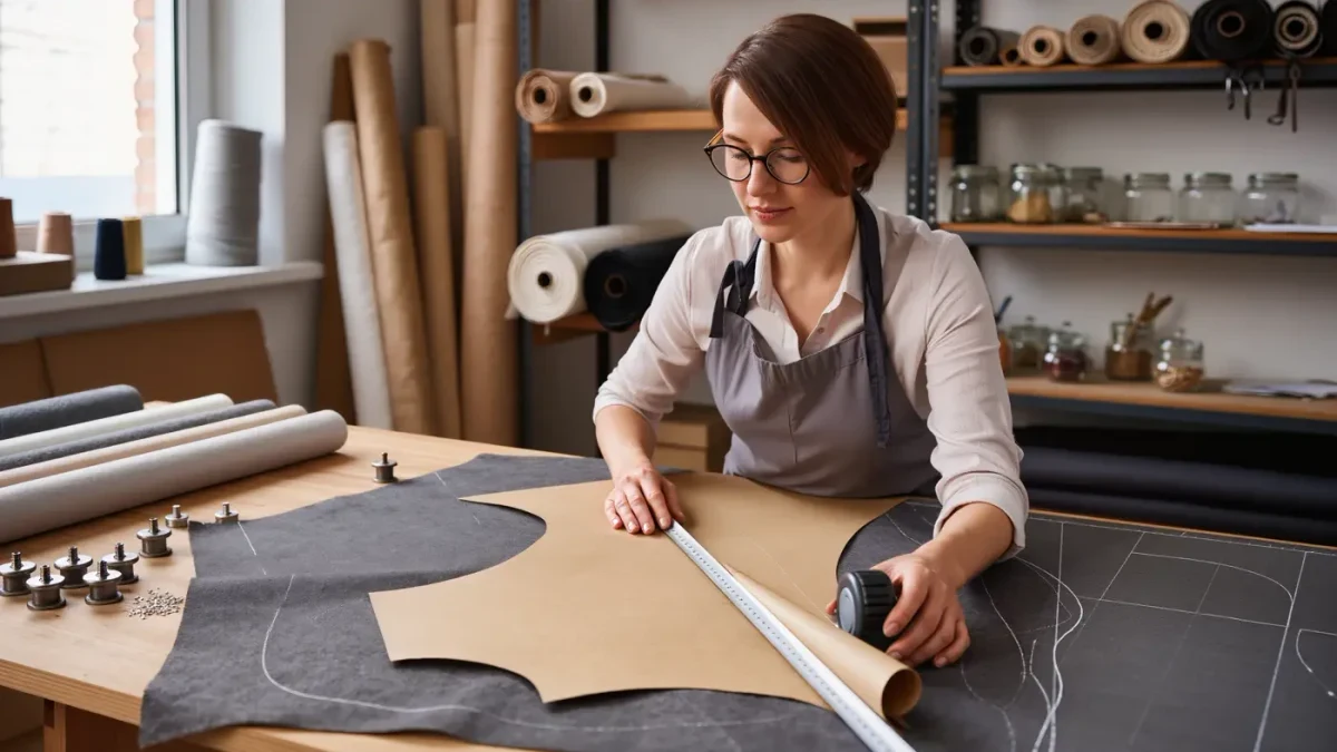 Cutting room worker aligning a paper pattern arrow with the selvage of woven fabric