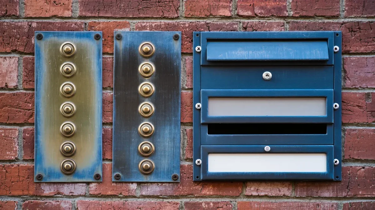 Close-up of four separate doorbell panels on brick fourplex entrance