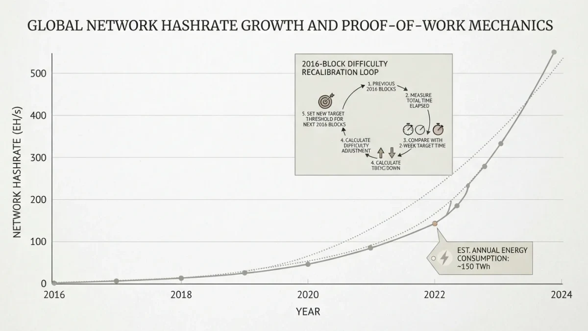 Infographic chart of rising hashrate alongside two-week difficulty recalibration cycles
