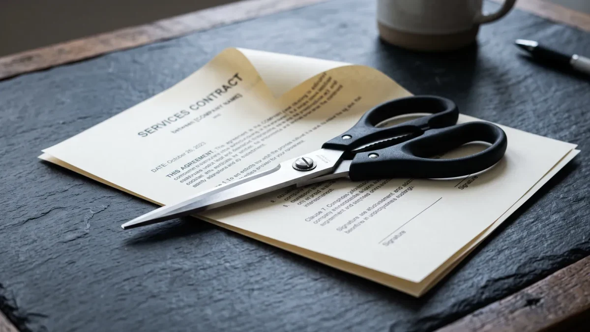 Scissors resting across a folded services contract on a slate desk