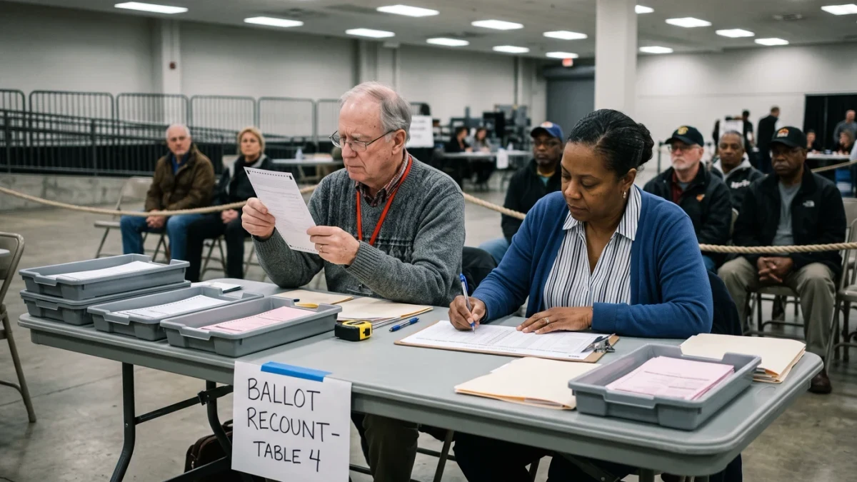 Bipartisan recount team examining paper ballots by hand