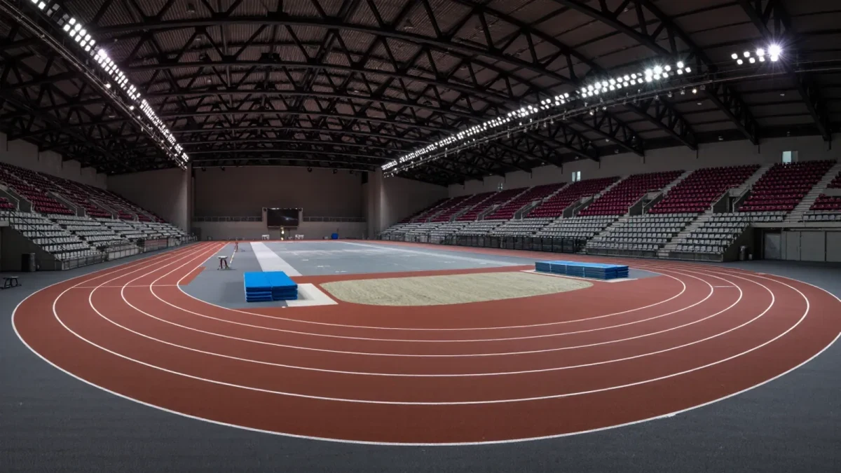 Empty indoor athletics arena with banked track under bright lights