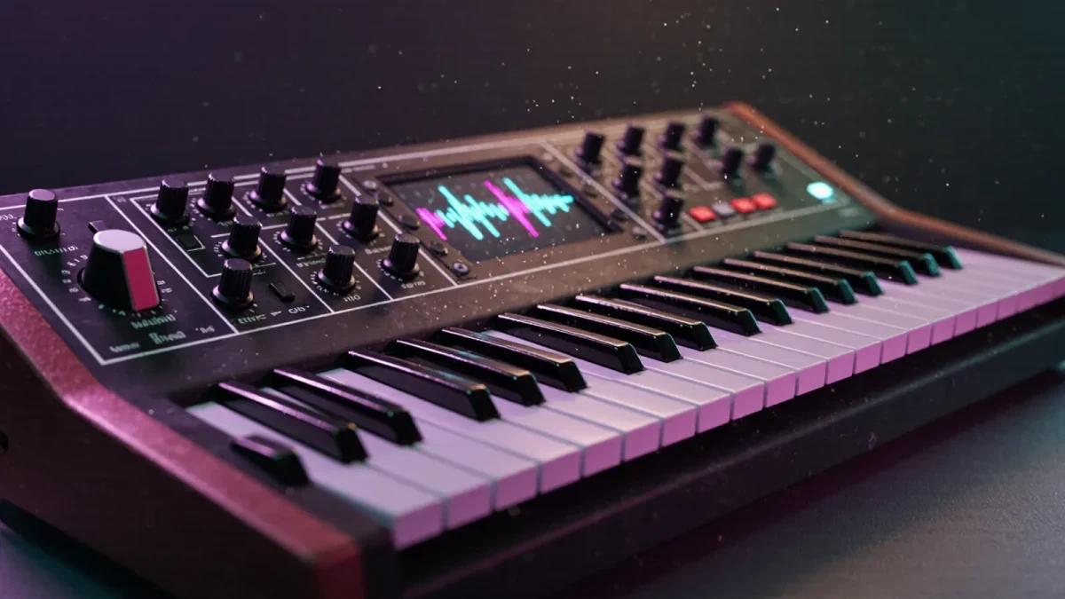 Supersaw synthesizer keys glowing under studio light