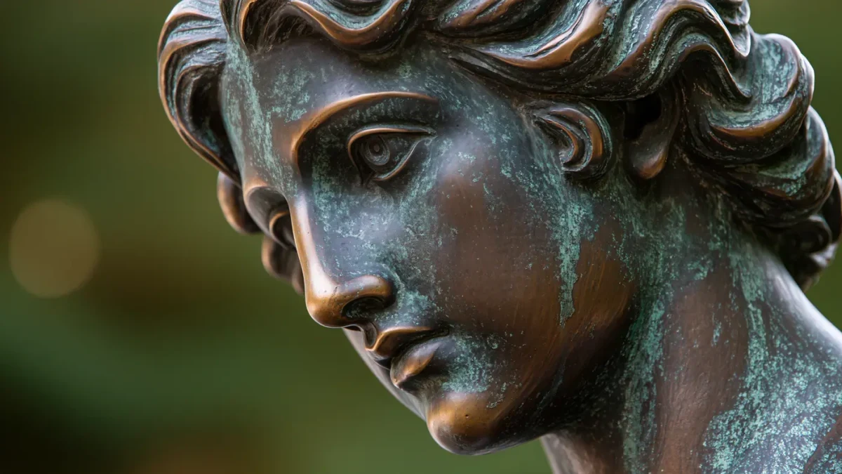 Sunlit patina on an outdoor bronze sculpture surface, close-up