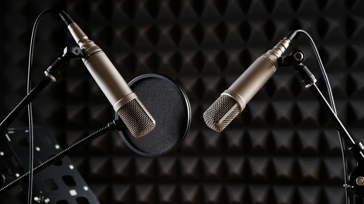 Two microphones set for a duet in a studio
