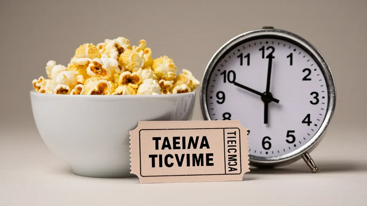 Popcorn bowl beside clock and ticket stub