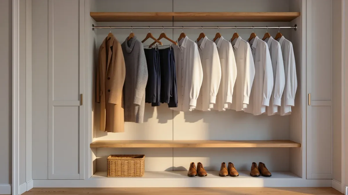 Open wardrobe with a small row of neutral coats and trousers in morning light