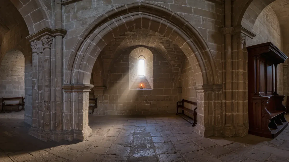 Empty stone church interior with low arch and candle on window ledge