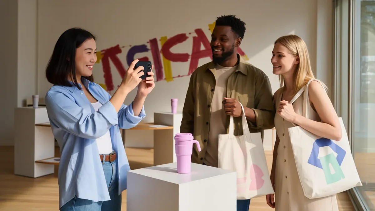 Young shoppers photographing a product display at a small brand pop-up launch