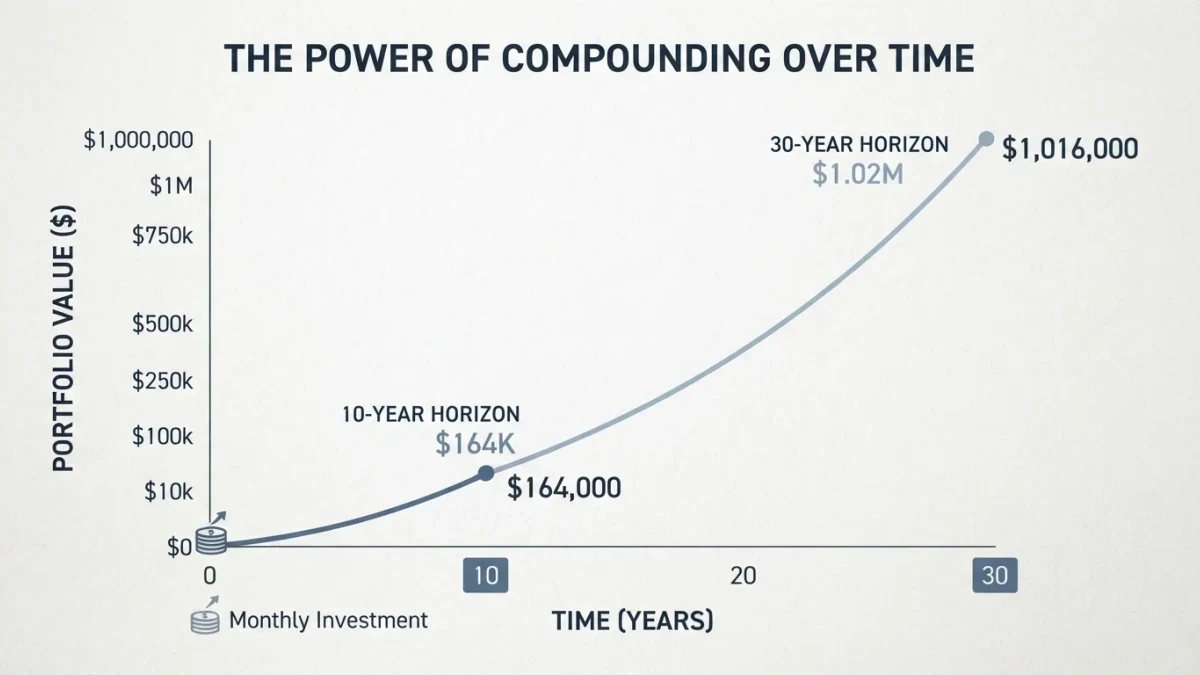 Infographic of a small monthly contribution growing over decades