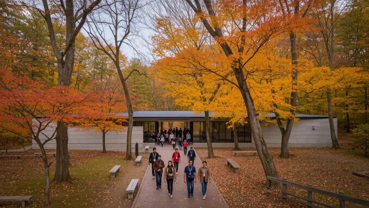 Families and visitors walking toward a modern museum in a wooded hillside