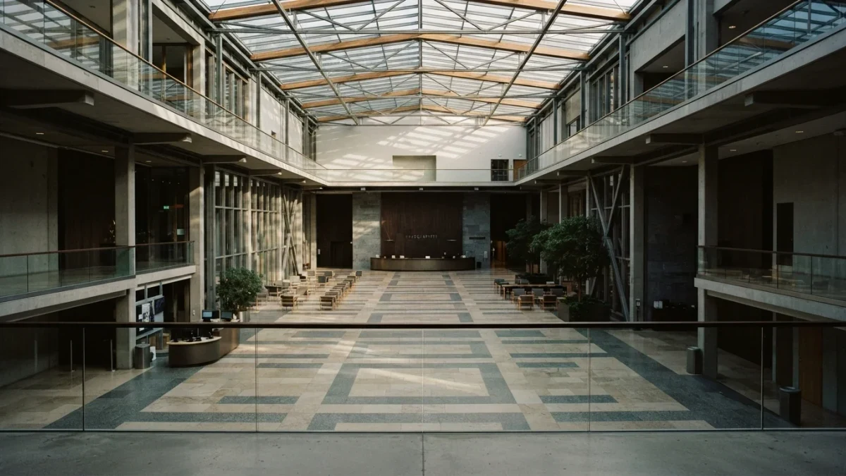 Empty institutional atrium with stone floor and glass roof